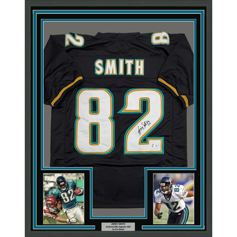 Framed Autographed/Signed Jimmy Smith 35x39 Jacksonville Black Football Jersey Beckett BAS COA
