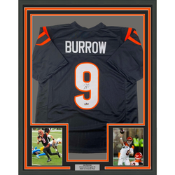 Framed Facsimile Autographed Joe Burrow 35x39 Cincinnati Black Reprint Laser Auto Football Jersey Size Men's XL (ONLINE ORDER ONLY)
