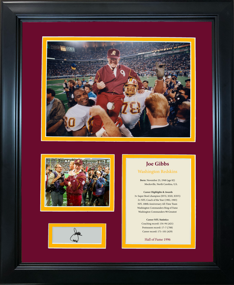 Framed Joe Gibbs Hall of Fame Facsimile Laser Engraved Signature Auto Washington Commanders Football 11"x14" Photo Sig Collage (ONLINE ORDER ONLY)