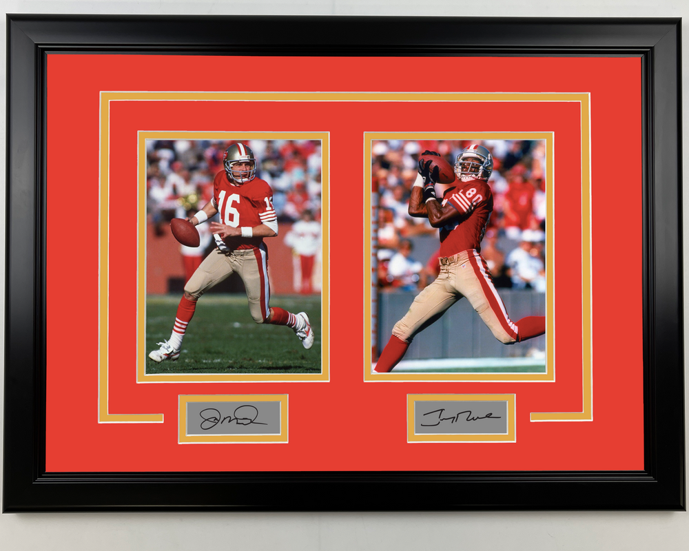 Framed Joe Montana and Jerry Rice Facsimile Laser Engraved Signatures San Francisco 49ers 17x23 Dual Football Photo (ONLINE ORDER ONLY)