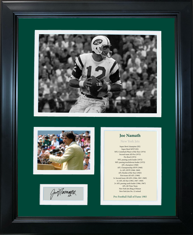 Framed Joe Namath Hall of Fame Facsimile Laser Engraved Signature Auto New York Jets 11"x14" Football Photo Sig Collage (ONLINE ORDER ONLY)