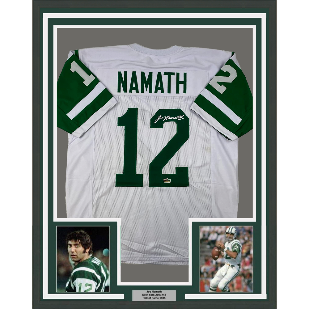 Framed Facsimile Autographed Joe Namath 35x39 New York White Reprint Laser Auto Football Jersey (ONLINE ORDER ONLY)