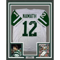 Framed Facsimile Autographed Joe Namath 35x39 New York White Reprint Laser Auto Football Jersey (ONLINE ORDER ONLY)