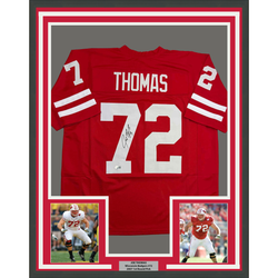 Framed Autographed/Signed Joe Thomas 35x39 Wisconsin Red College Football Jersey Beckett BAS COA