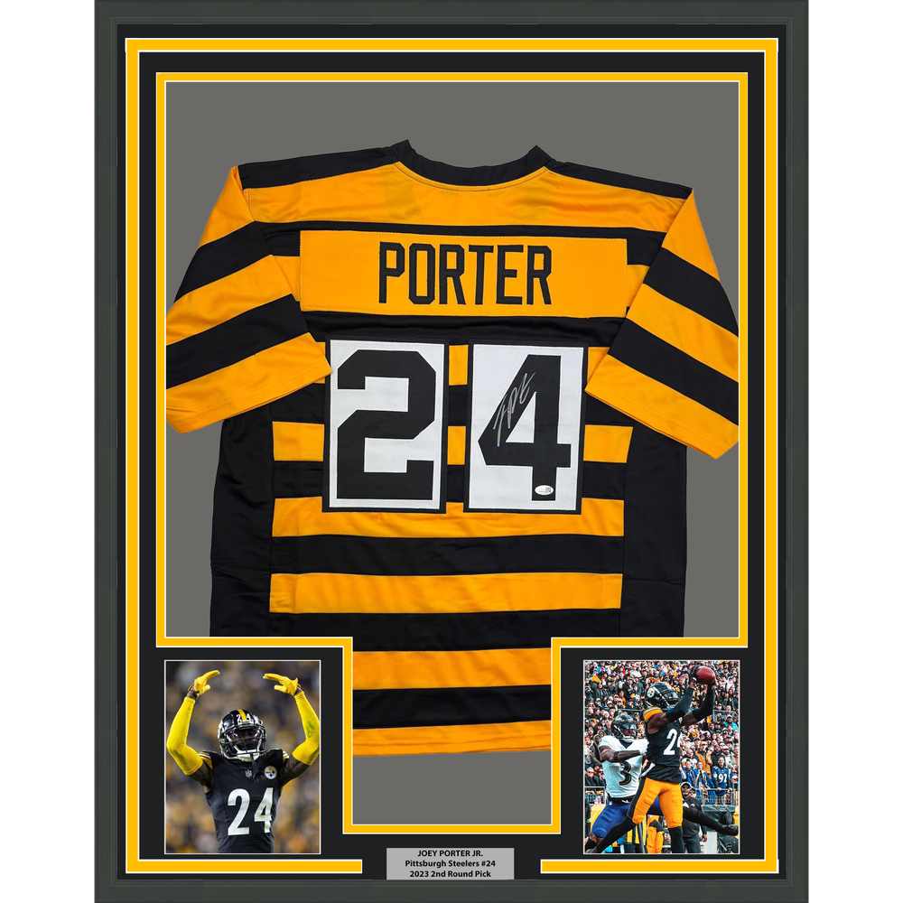 Framed Autographed/Signed Joey Porter Jr. 35x39 Pittsburgh Bumble Bee Football Jersey JSA COA