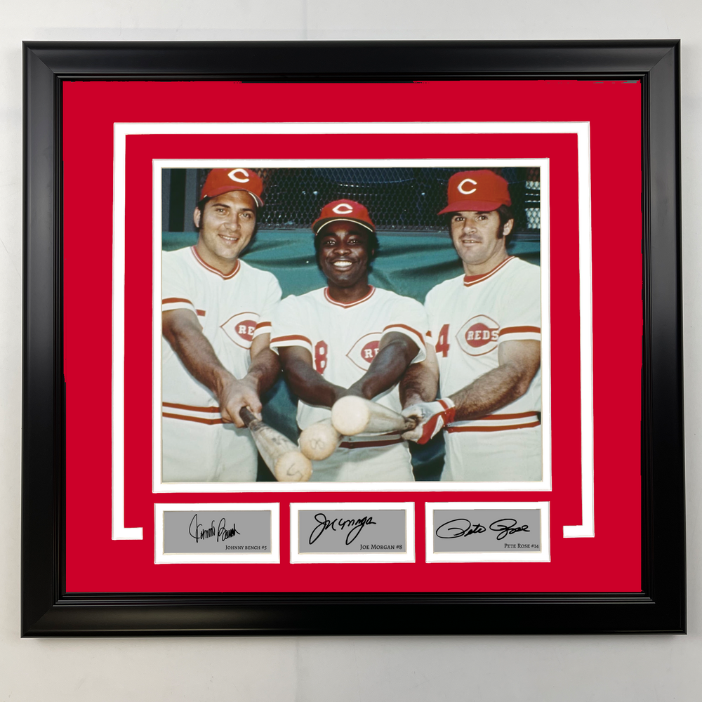 Framed Johnny Bench, Joe Morgan and Pete Rose Facsimile Laser Engraved Signatures Cincinnati Reds 19x21 Baseball Photo (ONLINE ORDER ONLY)