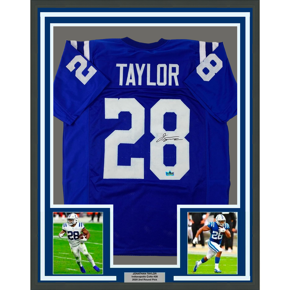 Framed Facsimile Autographed Jonathan Taylor 35x39 Indianapolis Blue Reprint Laser Auto Football Jersey (ONLINE ORDER ONLY)