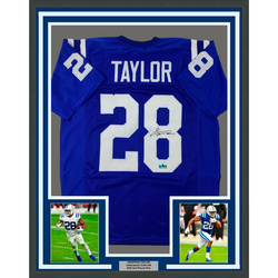 Framed Facsimile Autographed Jonathan Taylor 35x39 Indianapolis Blue Reprint Laser Auto Football Jersey (ONLINE ORDER ONLY)