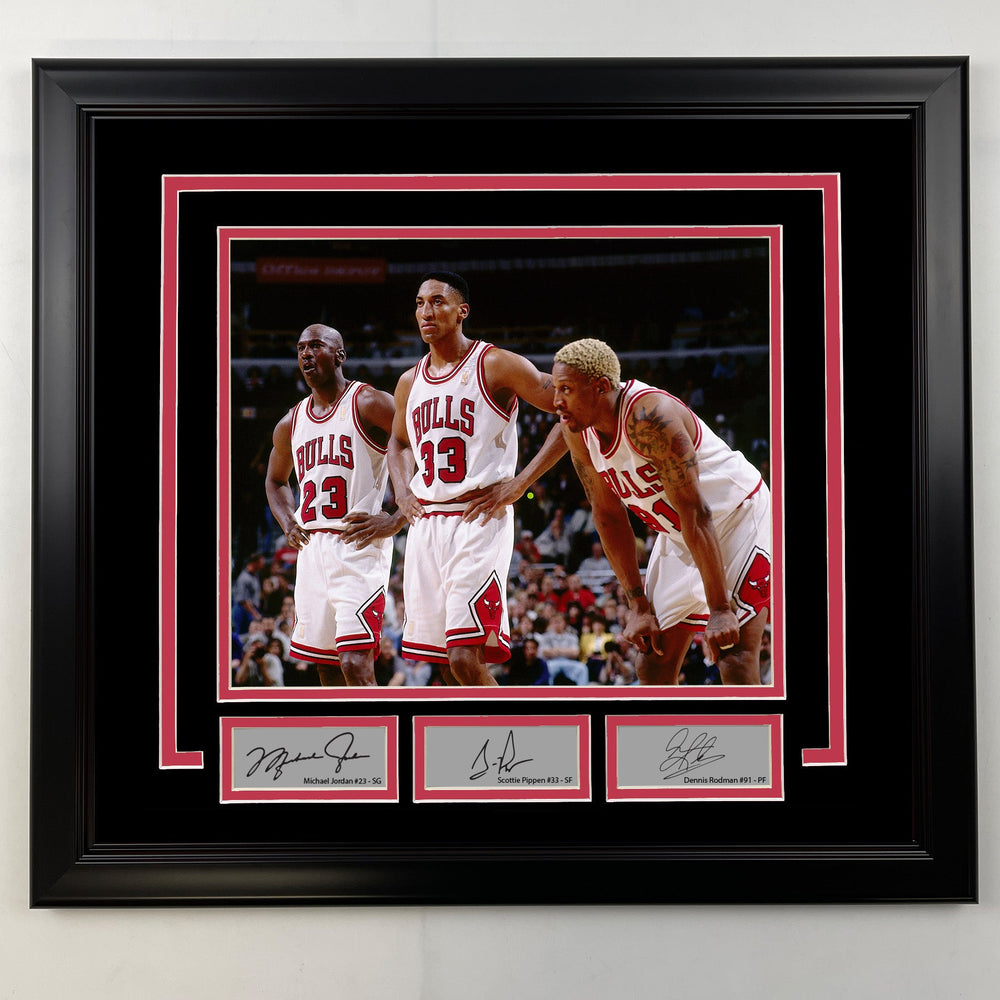 Framed Michael Jordan, Scottie Pippen and Dennis Rodman Facsimile Laser Engraved Signatures Chicago Bulls 19x21 Basketball Photo (ONLINE ORDER ONLY)