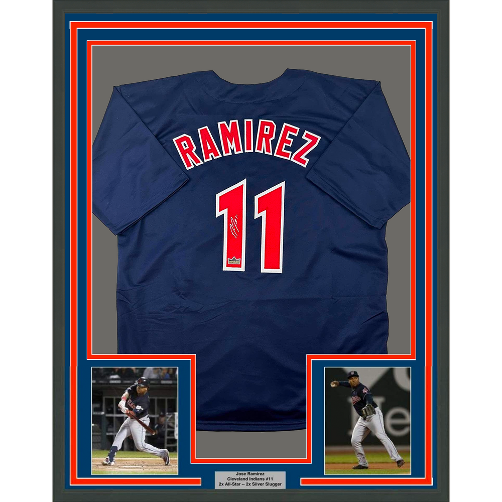 Framed Facsimile Autographed Jose Ramirez 35x39 Cleveland Blue Reprint Laser Auto Baseball Jersey (ONLINE ORDER ONLY)