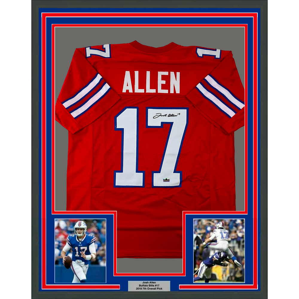 Framed Facsimile Autographed Josh Allen 35x39 Buffalo Red Reprint Laser Auto Football Jersey Size Men's XL (ONLINE ORDER ONLY)