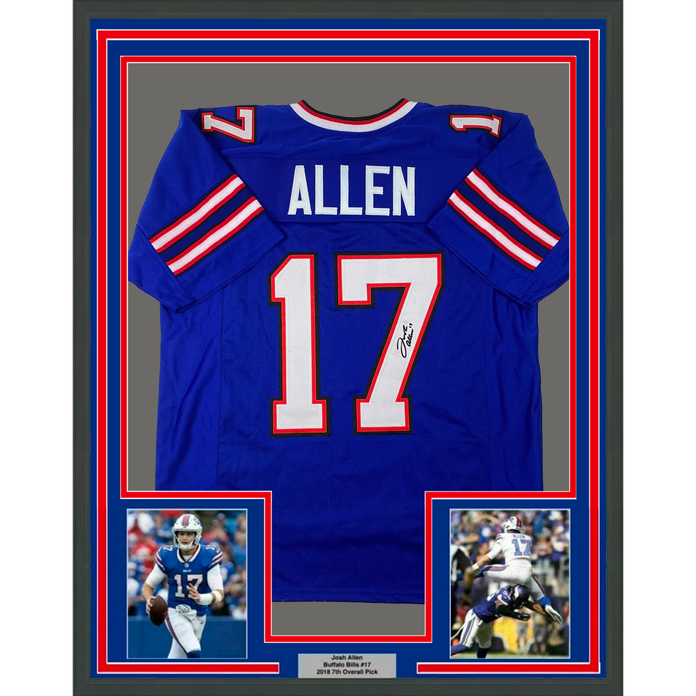 Framed Facsimile Autographed Josh Allen 35x39 Buffalo Blue Reprint Laser Auto Football Jersey Size Men's XL (ONLINE ORDER ONLY)
