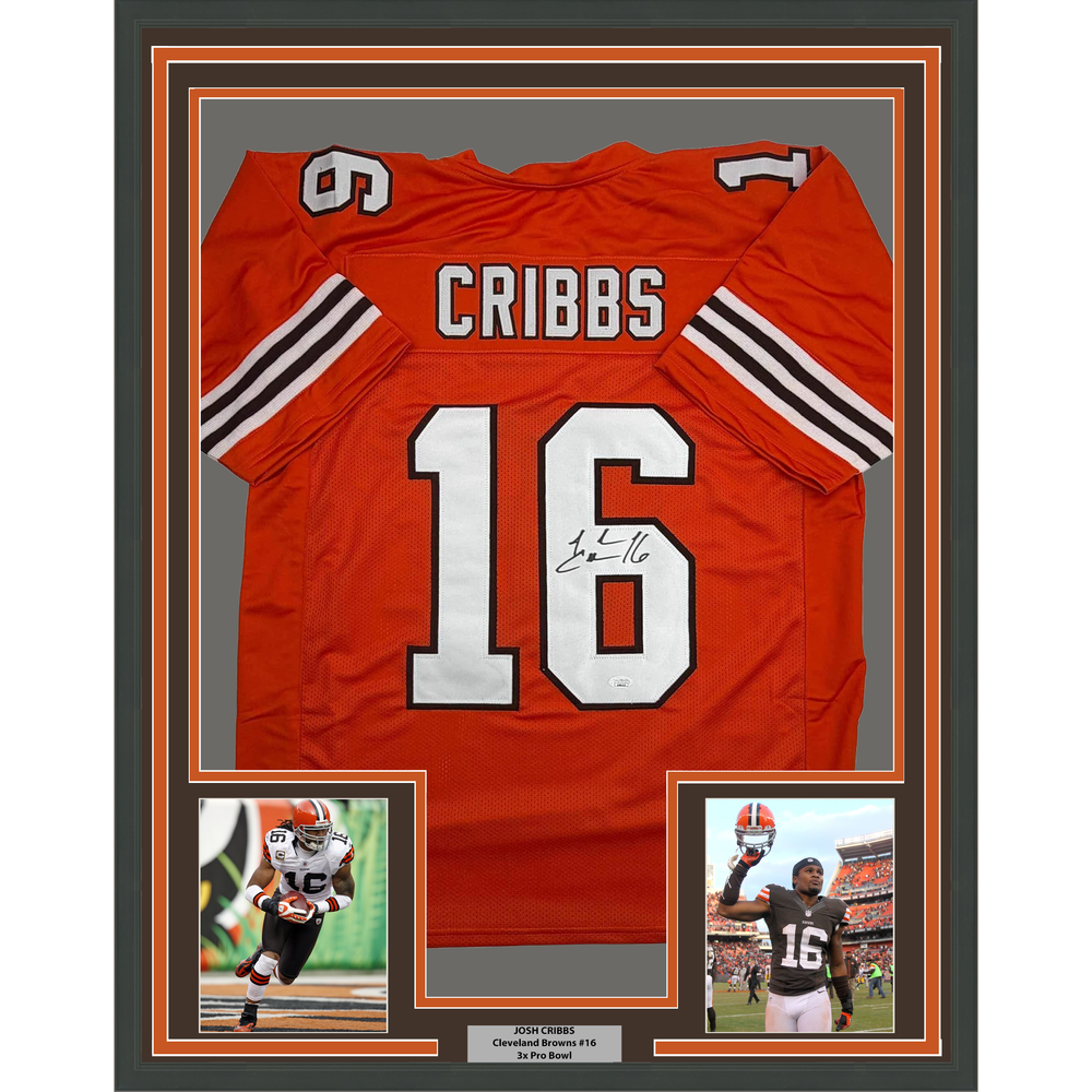 Framed Autographed/Signed Josh Cribbs 35x39 Cleveland Football Orange Jersey JSA COA