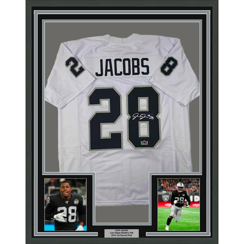 Framed Facsimile Autographed Josh Jacobs 35x39 Oakland Las Vegas White Reprint Laser Auto Football Jersey (ONLINE ORDER ONLY)