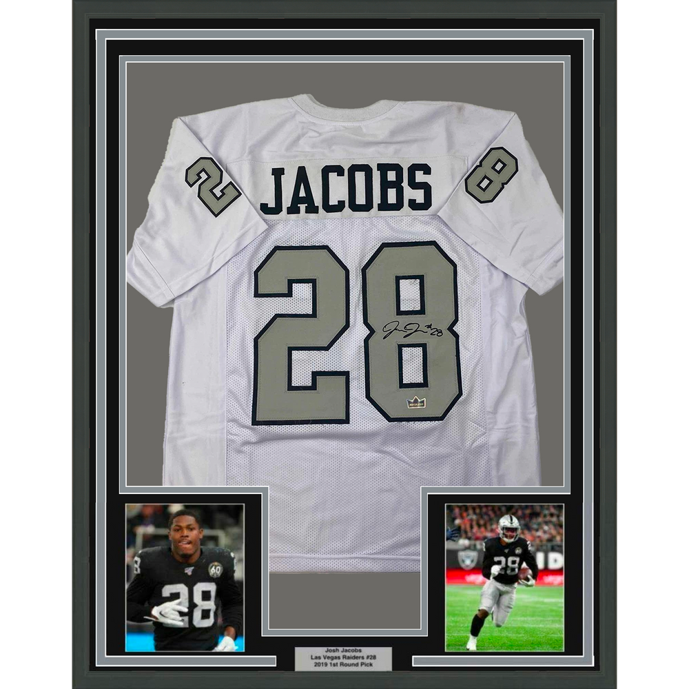 Framed Facsimile Autographed Josh Jacobs 35x39 Oakland Las Vegas Color Rush White Reprint Laser Auto Football Jersey (ONLINE ORDER ONLY)