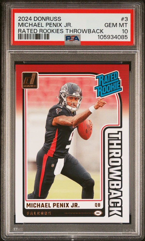 Graded 2024 Panini Donruss Michael Penix Jr #3 Rated Rookies Throwback Rookie RC Football Card PSA 10 Gem Mint (ONLINE ORDER ONLY)
