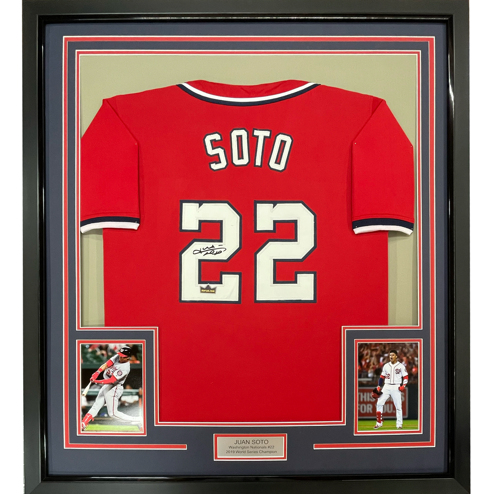 Framed Facsimile Autographed Juan Soto 35x39 Washington Red Reprint Laser Auto Baseball Jersey (ONLINE ORDER ONLY)