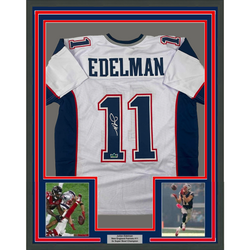 Framed Facsimile Autographed Julian Edelman 35x39 New England White Reprint Laser Auto Football Jersey (ONLINE ORDER ONLY)
