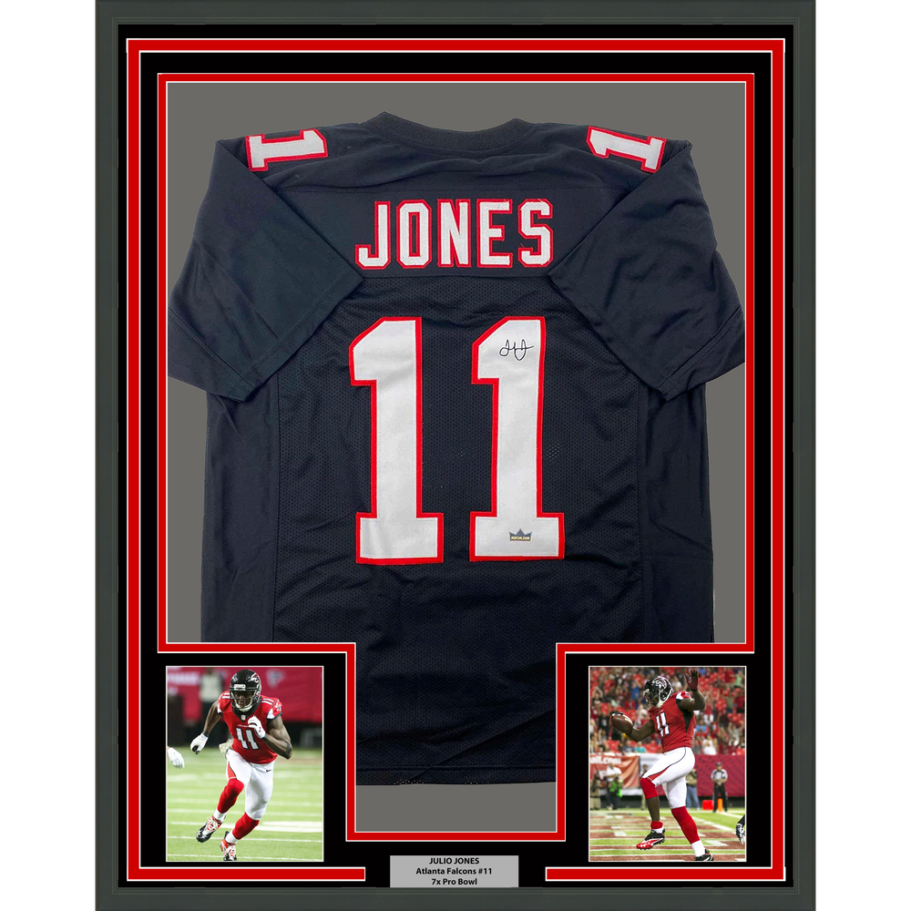 Framed Facsimile Autographed Julio Jones 35x39 Atlanta Black Retro Reprint Laser Auto Football Jersey (ONLINE ORDER ONLY)