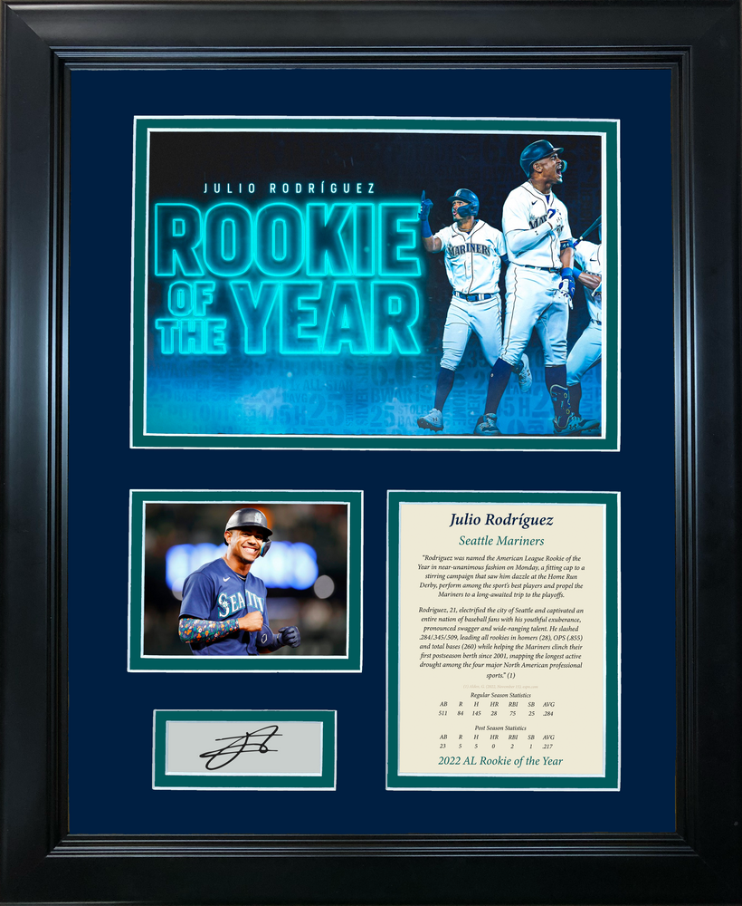 Framed Julio Rodriguez AL Rookie of the Year 2022 Facsimile Laser Engraved Signature Auto Seattle Mariners 11"x14" Baseball Photo Sig Collage (ONLINE ORDER ONLY)
