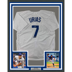 Framed Facsimile Autographed Julio Urias 35x39 Los Angeles LA White Reprint Laser Auto Baseball Jersey (ONLINE ORDER ONLY)