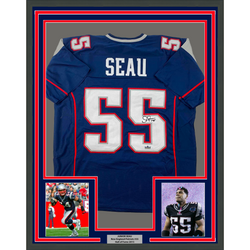 Framed Facsimile Autographed Junior Seau 35x39 New England Blue Reprint Laser Auto Football Jersey (ONLINE ORDER ONLY)