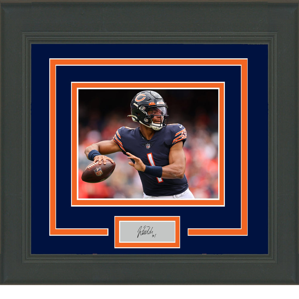 Framed Justin Fields Facsimile Laser Engraved Signature Auto Chicago Bears 11x14 Football Photo (ONLINE ORDER ONLY)