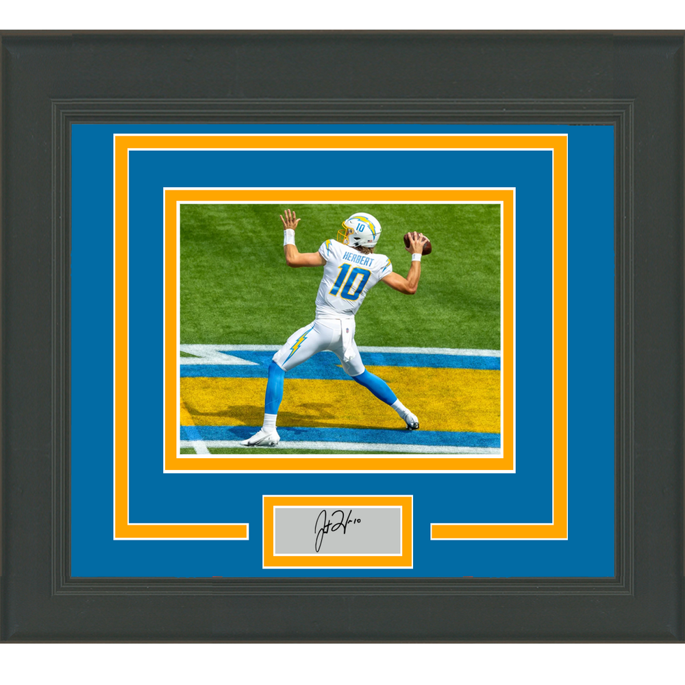 Framed Justin Herbert Facsimile Laser Engraved Signature Auto Los Angeles Charger 11x14 Football Photo (ONLINE ORDER ONLY)