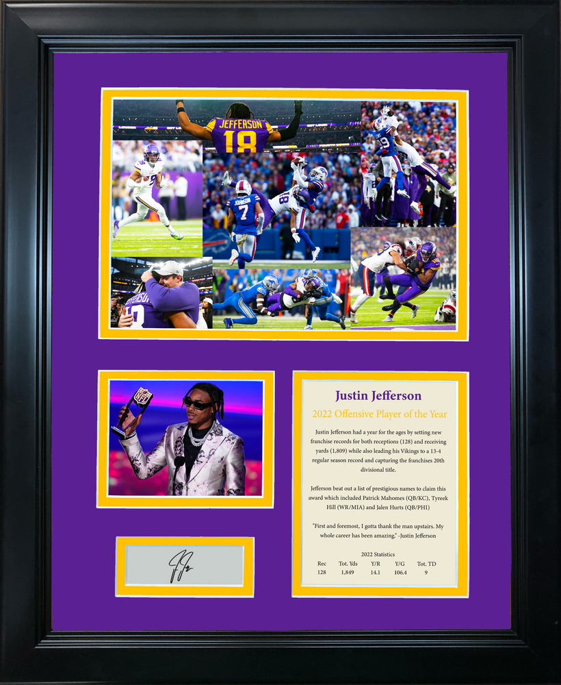 Framed Justin Jefferson 2022 Offensive Player of the Year Award Facsimile Laser Engraved Signature Auto Minnesota Vikings 11"x14" Football Photo Sig Collage (ONLINE ORDER ONLY)