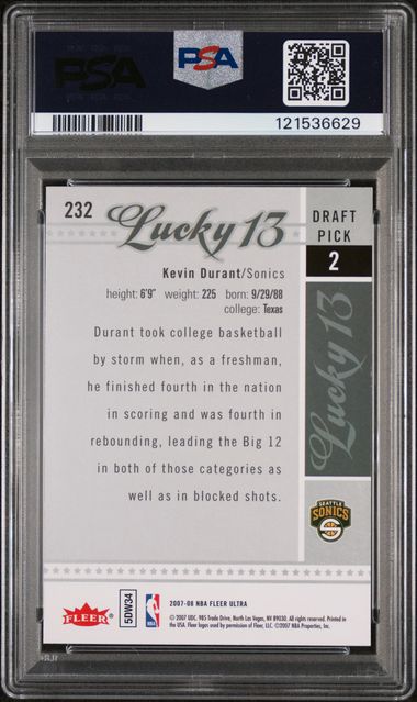 Graded 2007-08 Fleer Ultra Kevin Durant #232 Lucky 13 Rookie RC Basketball Card PSA 9 Mint