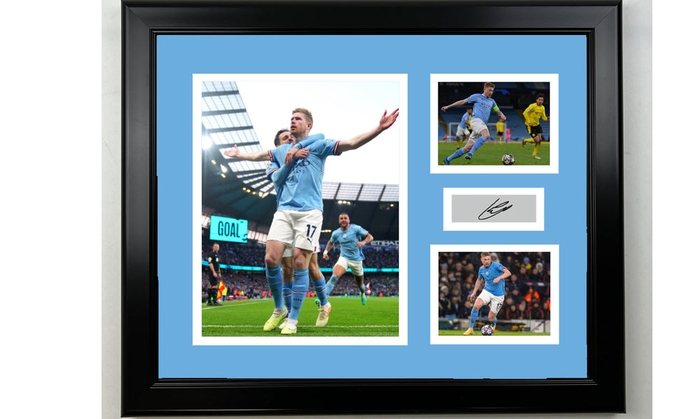 Framed Kevin De Bruyne Manchester City Facsimile Laser Engraved Signature 14x11 3 Photo Collage (ONLINE ORDER ONLY)
