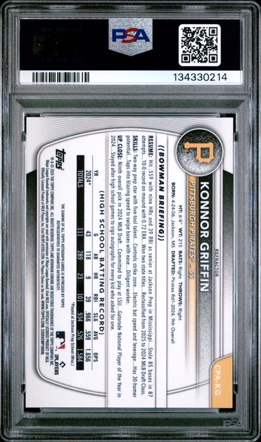 Graded 2025 Topps Bowman Konnor Griffin #CPAKG /499 Chrome Prospect Auto Refractor Rookie RC Baseball Card PSA 9 Mint