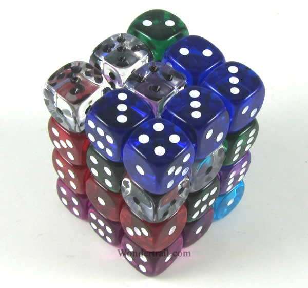 KOP05119 Assorted Transparent Deluxe Dice with Pips D6 12mm (1/2in) Pack of 36 Koplow Games (ONLINE ORDER ONLY)