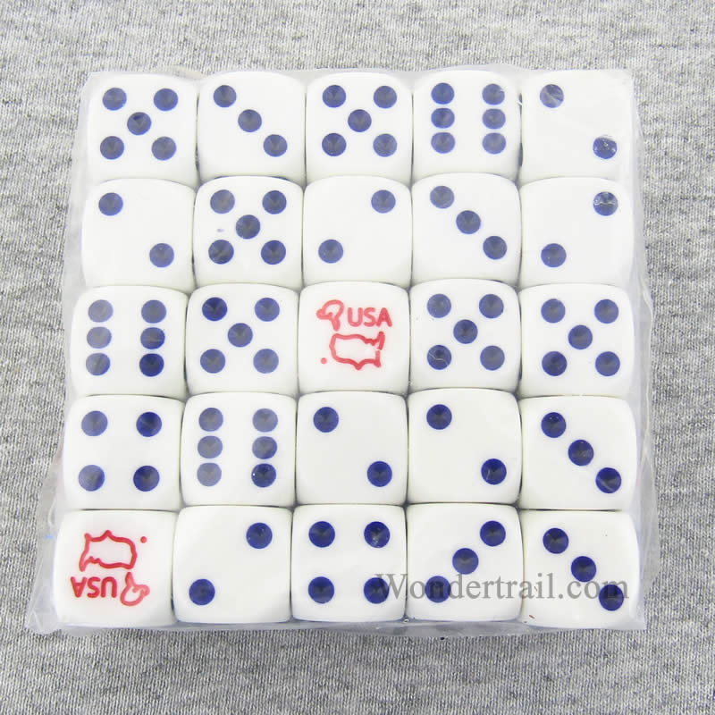 KOP07219 USA Dice White with Blue Pips and Red USA D6 16mm Bulk Pack of 50 (ONLINE ORDER ONLY)