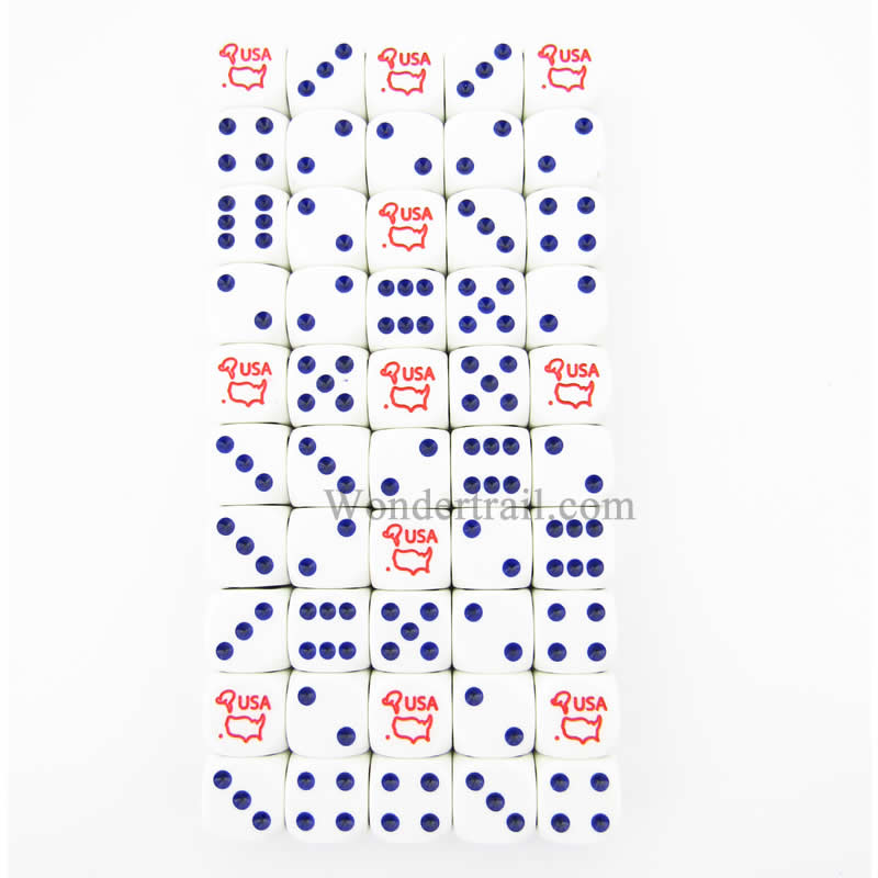 KOP07219 USA Dice White with Blue Pips and Red USA D6 16mm Bulk Pack of 50 (ONLINE ORDER ONLY)