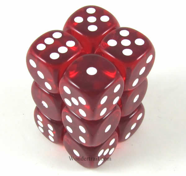 KOP08600 Red Transparent Deluxe Dice White Pips D6 16mm Pack of 12 (ONLINE ORDER ONLY)