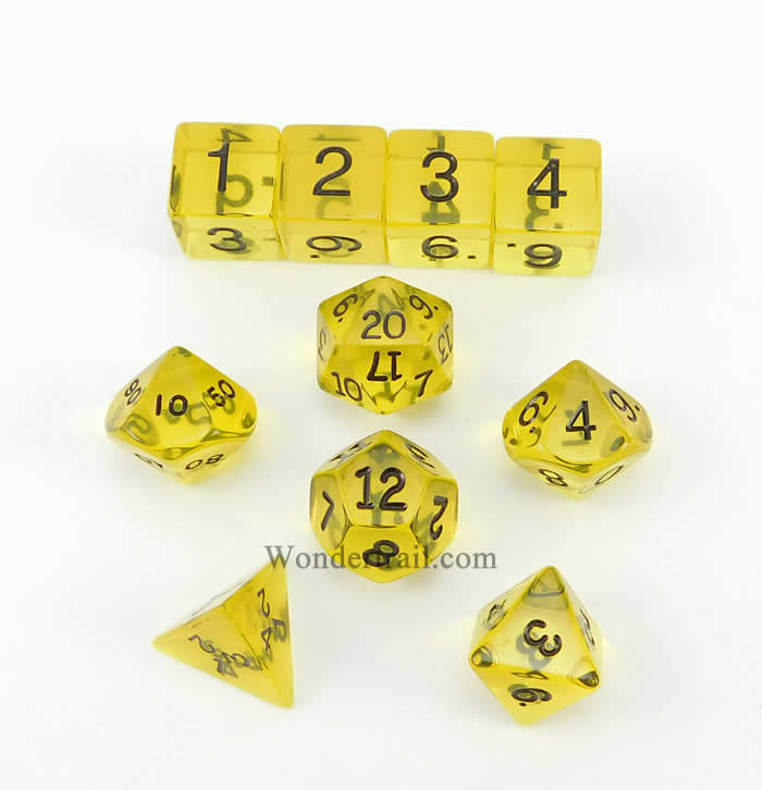 KOP09956 Yellow Transparent Dice Black Numbers 16mm (5/8in) Set of 10 (ONLINE ORDER ONLY)