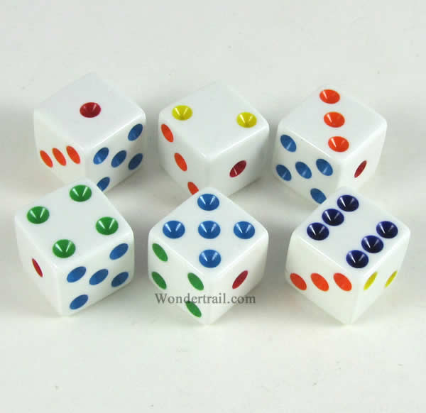 KOP11041 White Opaque Dice Multi-Colored Pips D6 16mm (5/8in) Pack of 6 (ONLINE ORDER ONLY)