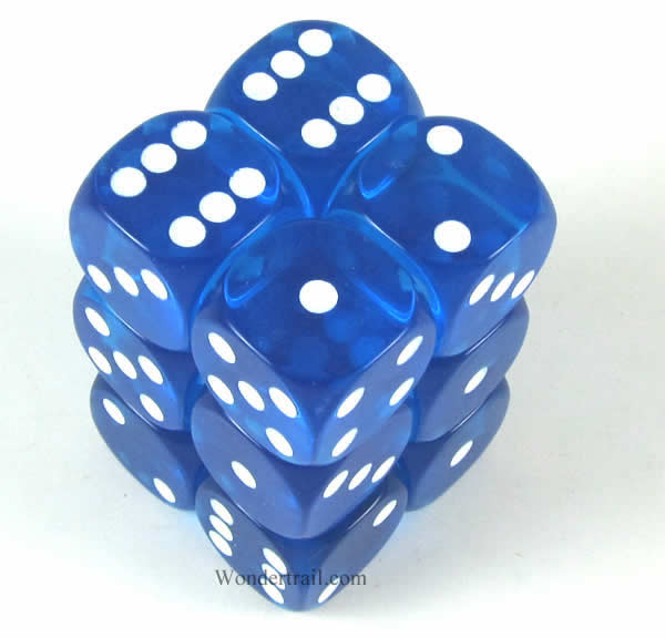 KOP11609 Blue Transparent Dice White Pips D6 16mm (5/8in) Pack of 12 (ONLINE ORDER ONLY)