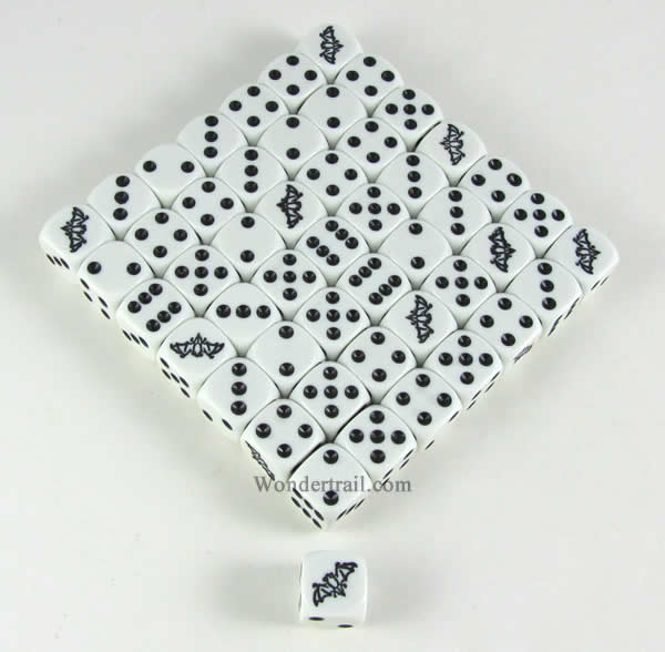 KOP15509 Bat Dice White Opaque Black Pips D6 16mm Bulk Pack of 50 (ONLINE ORDER ONLY)