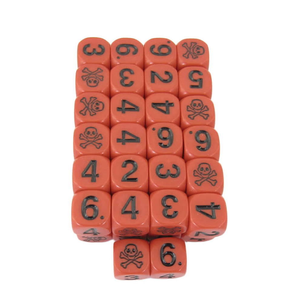 KOP18277E50 Skull and Cross Bones Dice Red Black Large Numbers D6 15.8mm Pack of 50 (ONLINE ORDER ONLY)