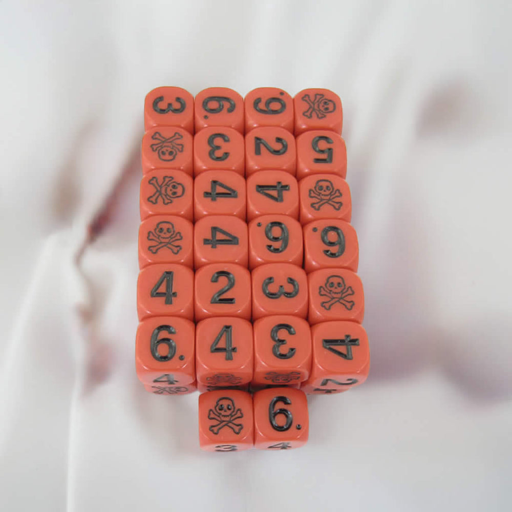 KOP18277E50 Skull and Cross Bones Dice Red Black Large Numbers D6 15.8mm Pack of 50 (ONLINE ORDER ONLY)