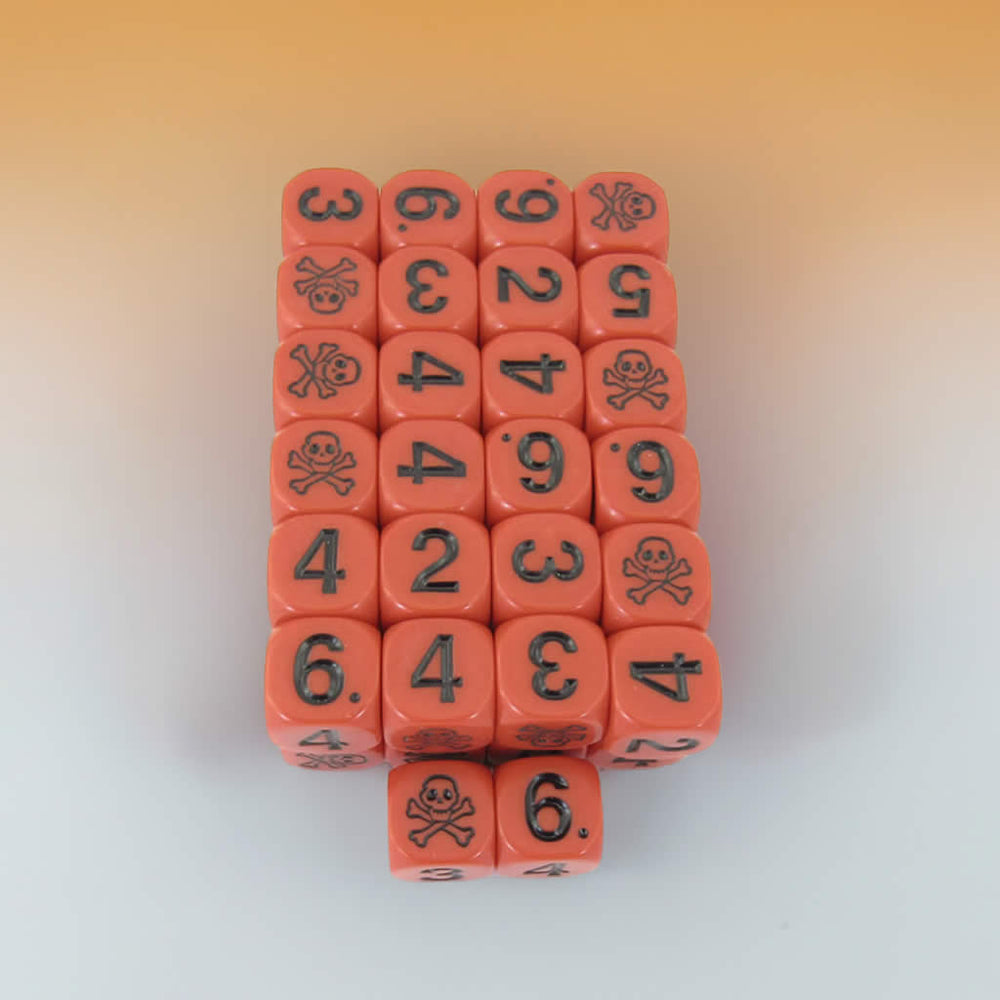 KOP18277E50 Skull and Cross Bones Dice Red Black Large Numbers D6 15.8mm Pack of 50 (ONLINE ORDER ONLY)
