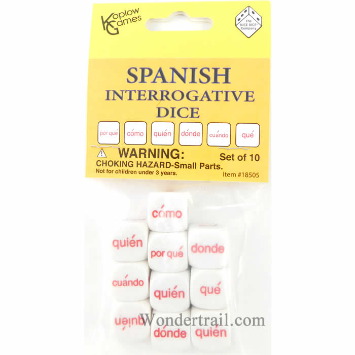 KOP18505 Spanish Interrogative White Dice Red Words D6 16mm Pack of 10