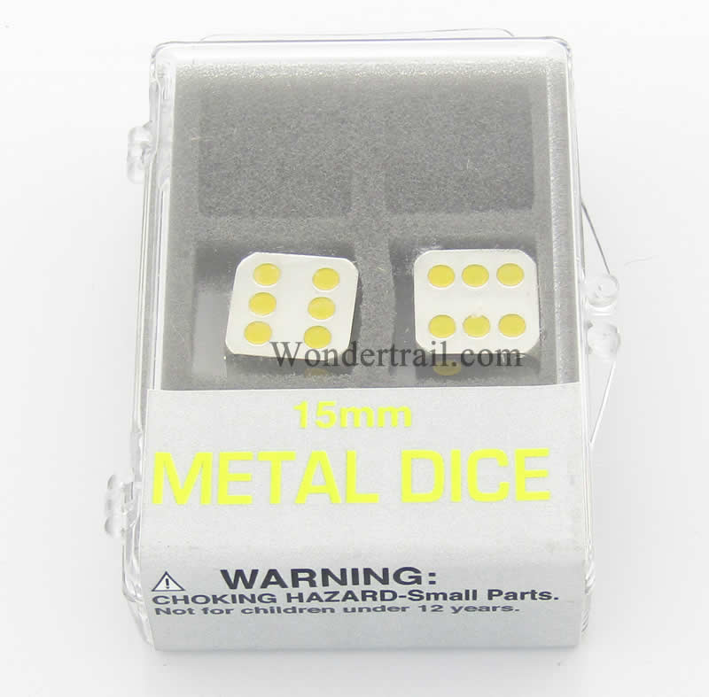 KOP18642 Metal Dice D6 Silver with Yellow Pips 15mm (19/32in) Set of 2 (ONLINE ORDER ONLY)