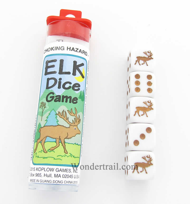 KOP18771 Elk Dice Game White Opaque Dice with Brown Pips D6 16mm (ONLINE ORDER ONLY)