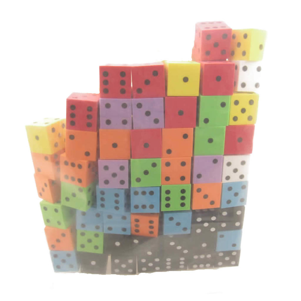 KOP18926 Assorted Opaque Foam Dice with Dots D6 25mm (1in) Bulk Pack of 100 Dice (ONLINE ORDER ONLY)