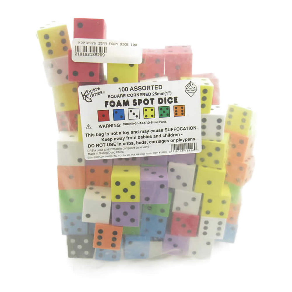 KOP18926 Assorted Opaque Foam Dice with Dots D6 25mm (1in) Bulk Pack of 100 Dice (ONLINE ORDER ONLY)
