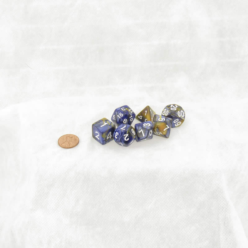 KOP19732 Blue and Gold Layered Dice with White Colored Numbers 16mm (5/8in) Set of 7 (ONLINE ORDER ONLY)
