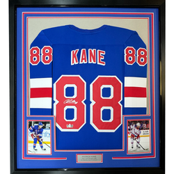 Framed Facsimile Autographed Patrick Kane 35x39 New York Blue Reprint Laser Auto Hockey Jersey (ONLINE ORDER ONLY)